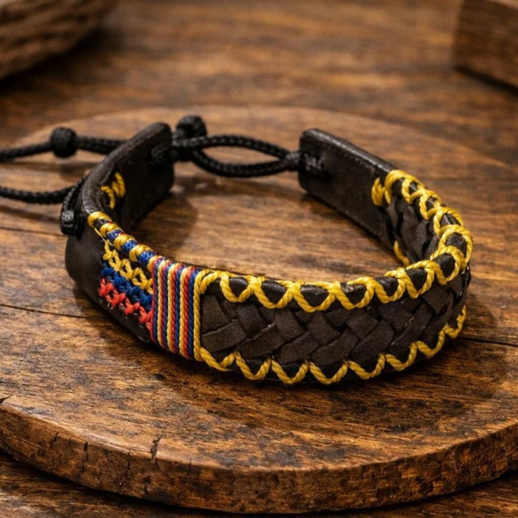 Handmade Colombian Leather Bracelet | Wide Braided Tricolor Artisan Wristband