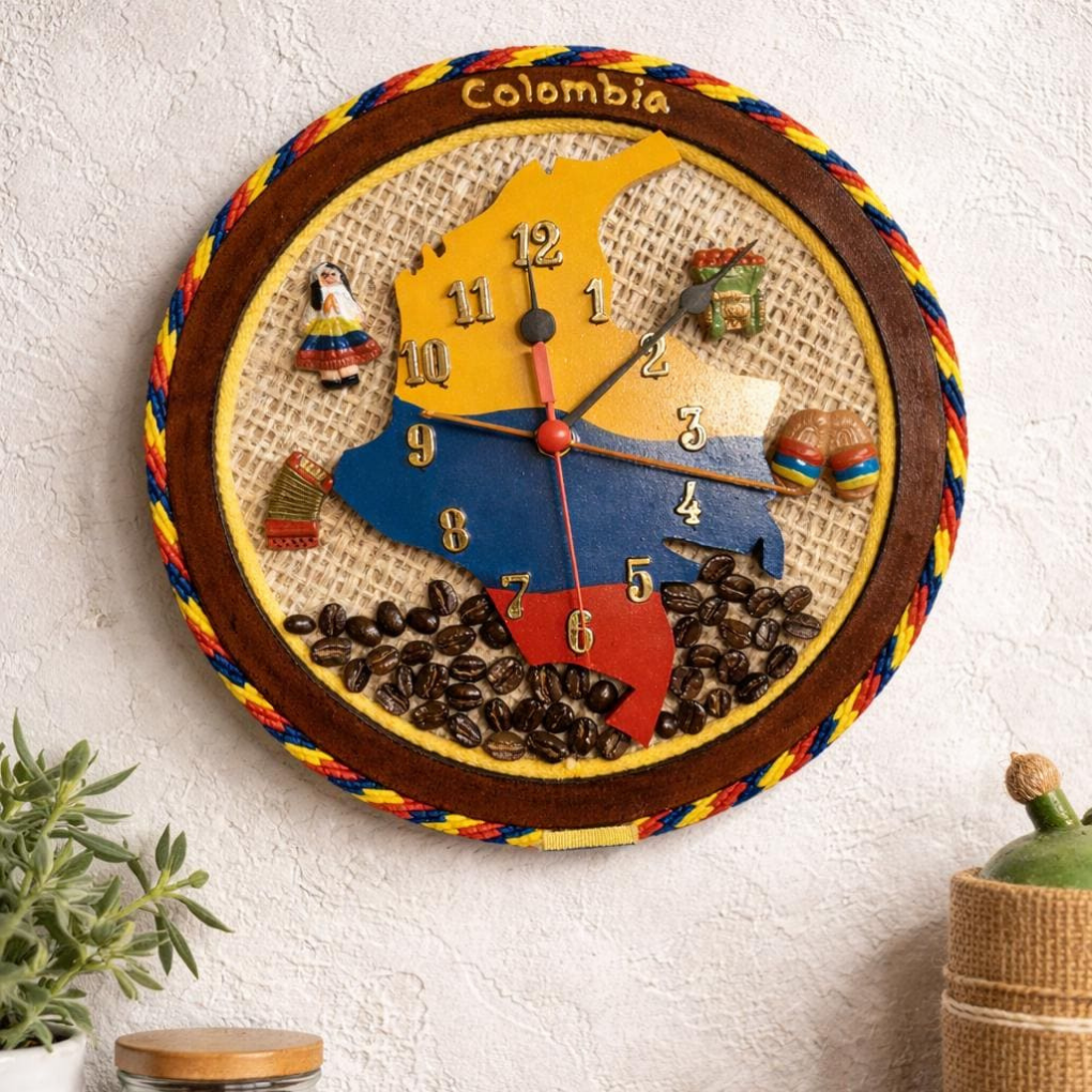 Handmade Colombian wall clock with rustic coffee and Colombia map decor