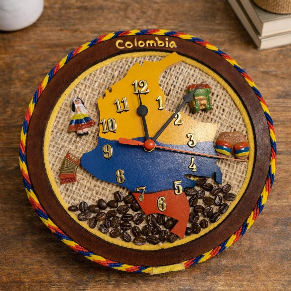 Handmade Colombian wall clock with rustic coffee and Colombia map decor