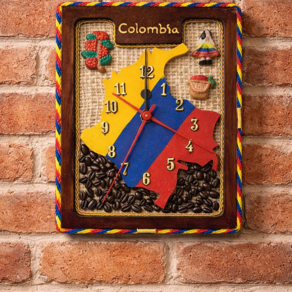 Handmade Colombian wall clock with rustic coffee and Colombia map decor