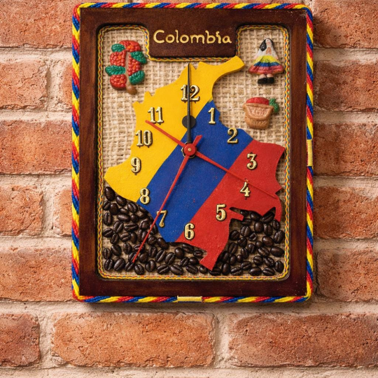 Handmade Colombian wall clock with rustic coffee and Colombia map decor