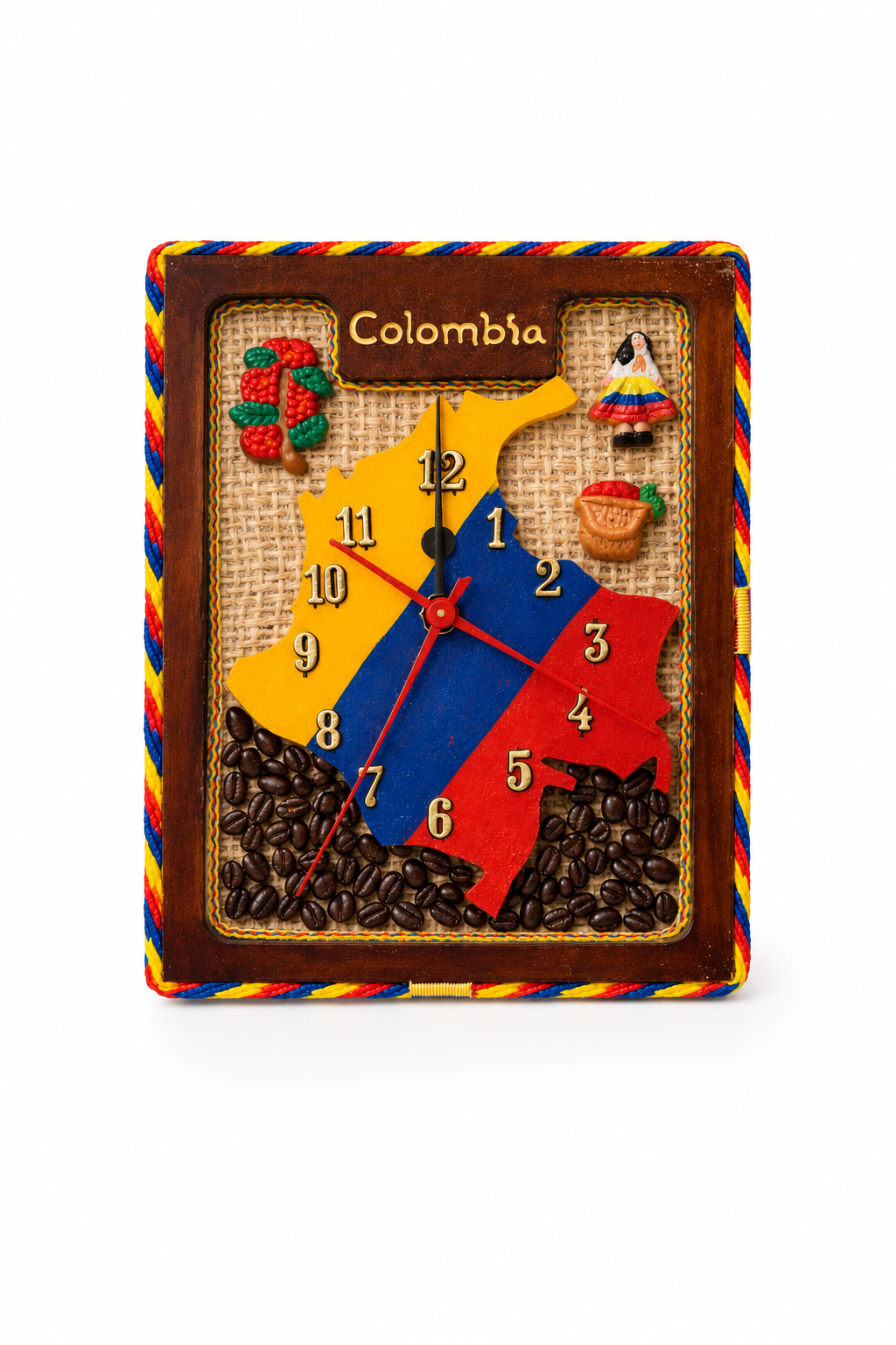 Handmade Colombian wall clock with rustic coffee and Colombia map decor