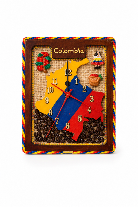 Handmade Colombian wall clock with rustic coffee and Colombia map decor