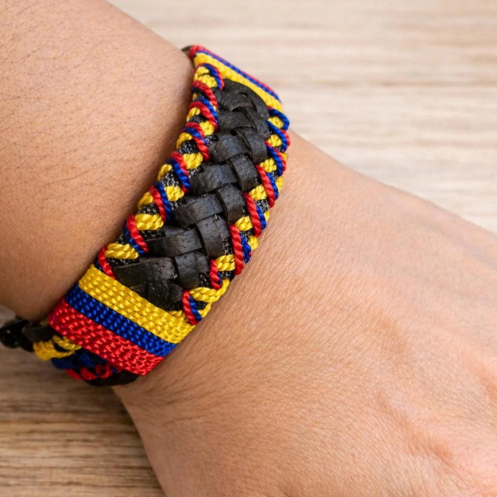 Handmade Colombian Leather Bracelet | Wide Braided Tricolor Artisan Wristband