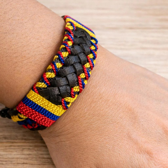 Handmade Colombian Leather Bracelet | Wide Braided Tricolor Artisan Wristband