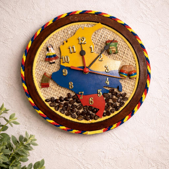 Handmade Colombian wall clock with rustic coffee and Colombia map decor