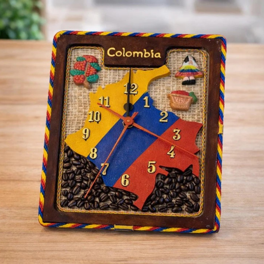 Handmade Colombian wall clock with rustic coffee and Colombia map decor