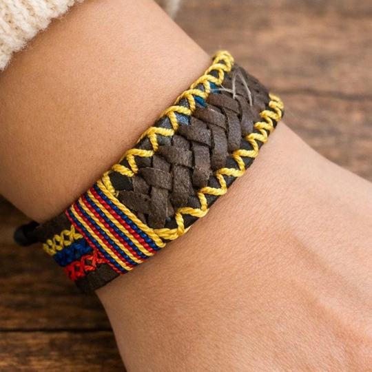 Handmade Colombian Leather Bracelet | Wide Braided Tricolor Artisan Wristband