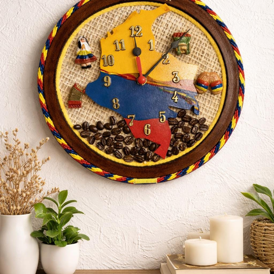 Handmade Colombian wall clock with rustic coffee and Colombia map decor