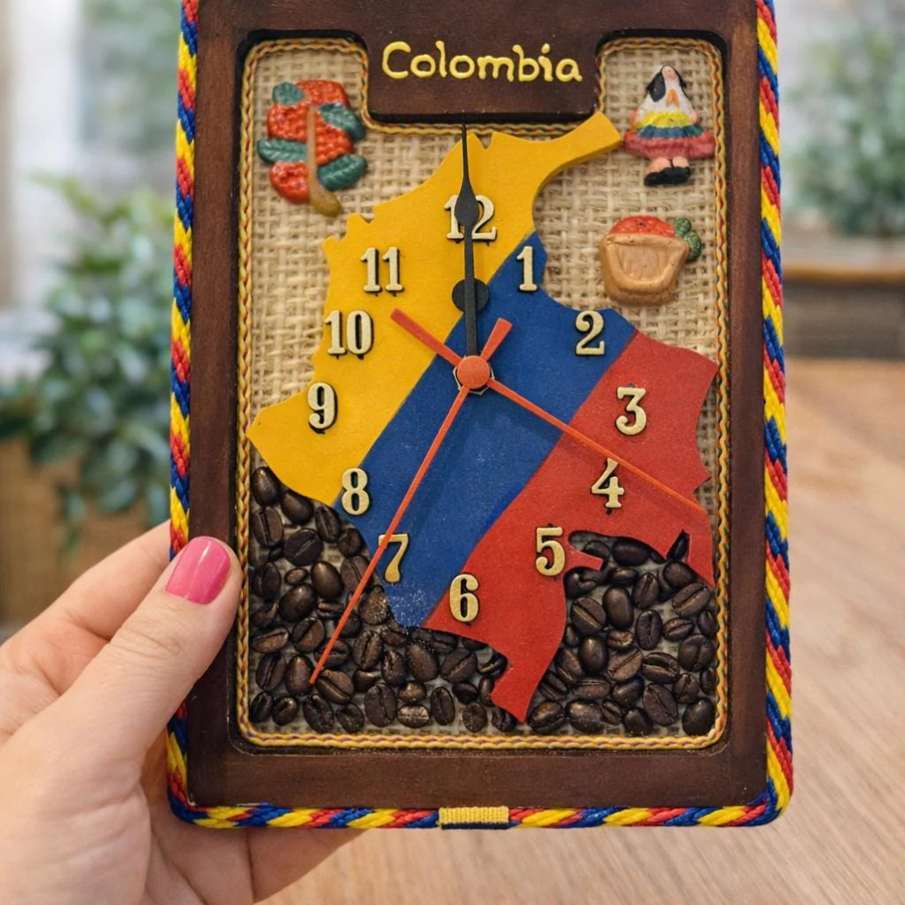 Handmade Colombian wall clock with rustic coffee and Colombia map decor