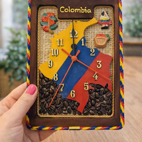 Handmade Colombian wall clock with rustic coffee and Colombia map decor