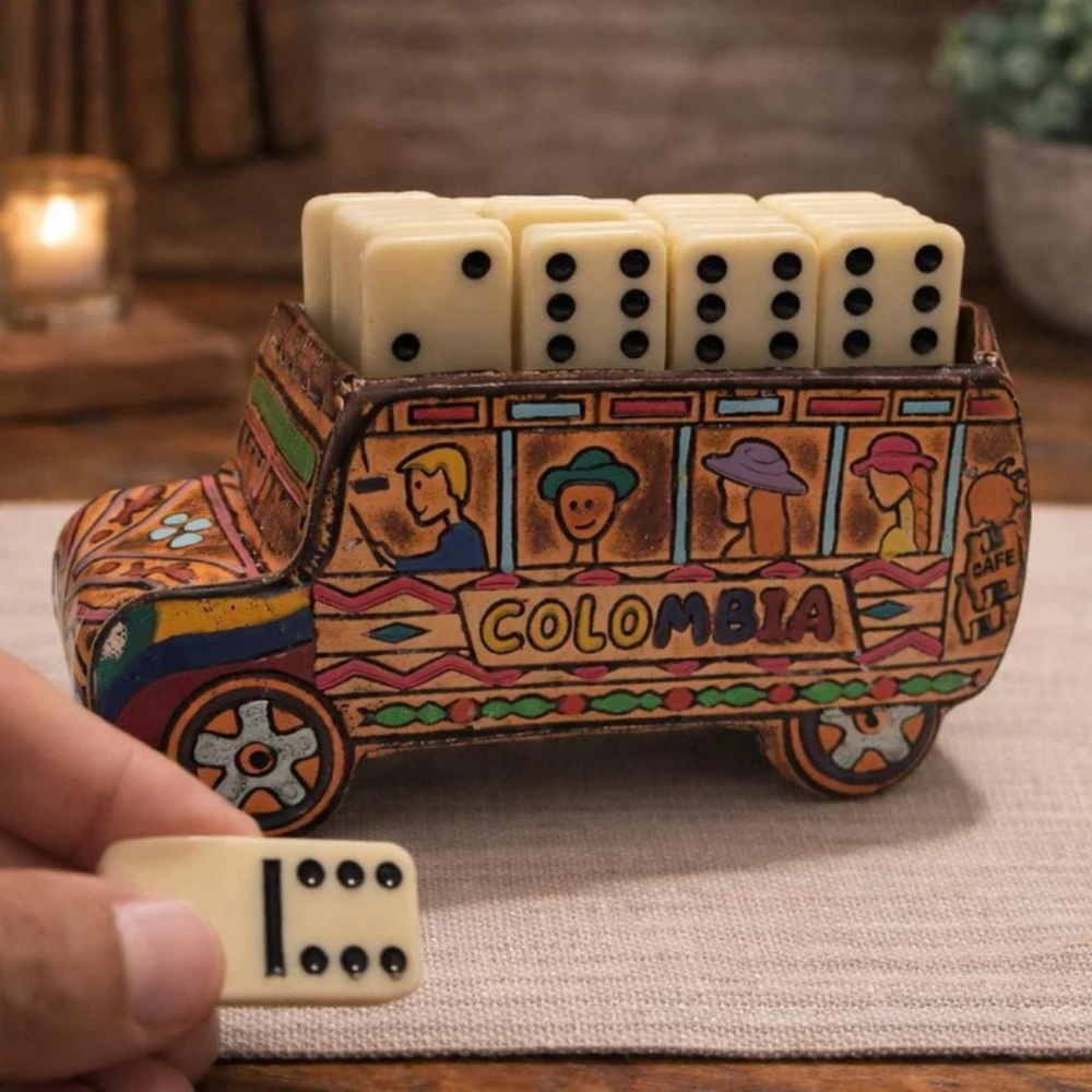 Handmade Colombian Chiva Bus Domino Set | Cultural Travel Game Souvenir