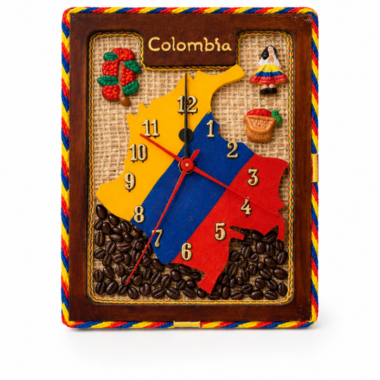 Handmade Colombian wall clock with rustic coffee and Colombia map decor