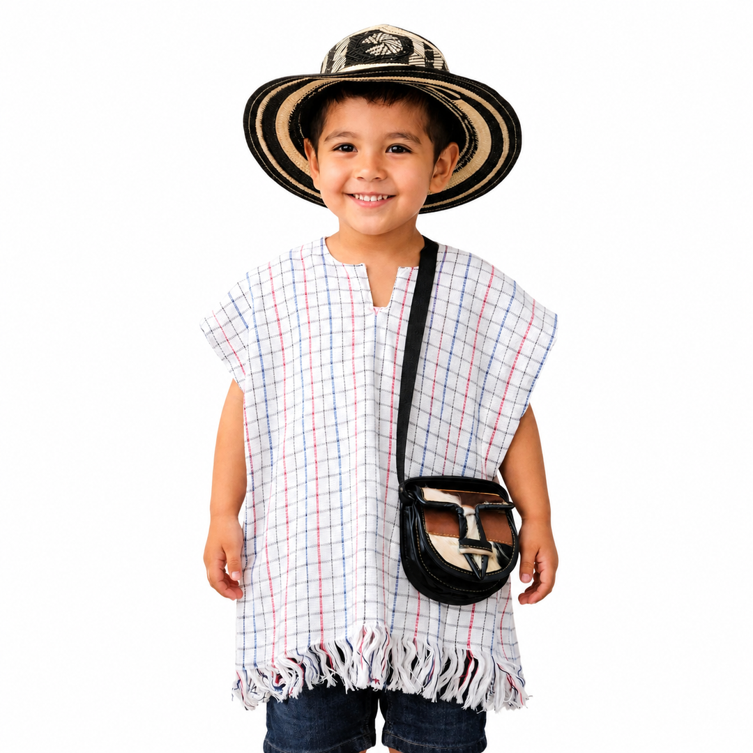 Colombian Kids Costume Outfit | Sombrero Vueltiao Hat Poncho Carriel Set | Hispanic Heritage Costume