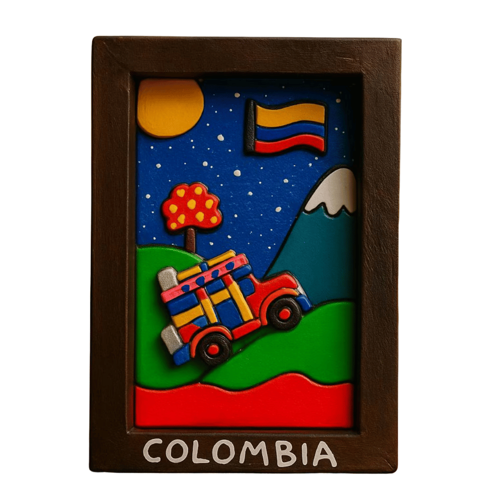 Handmade 3D wooden fridge magnet from Colombia