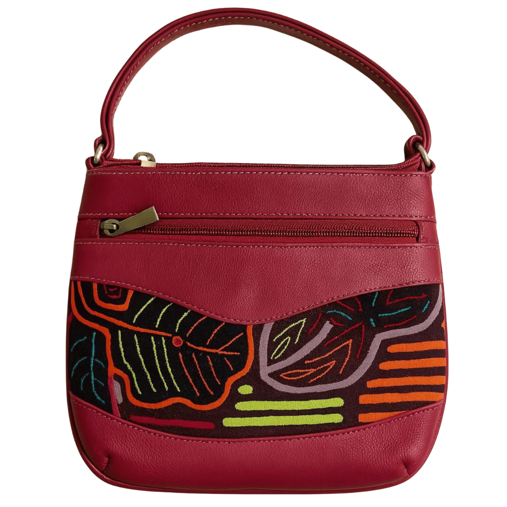 Handmade Colombian leather crossbody bag with Mola fabric