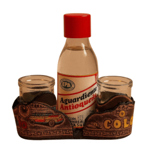Colombian shot glass set with leather covers and mini Aguardiente bottle