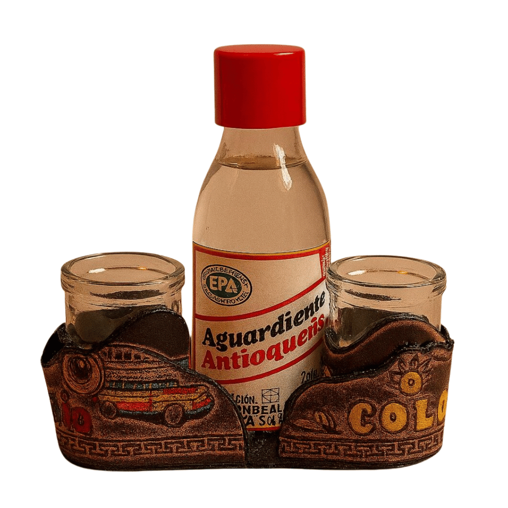 Colombian shot glass set with leather covers and mini Aguardiente bottle