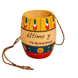 Hand-painted Colombian wooden shot glass with phrase