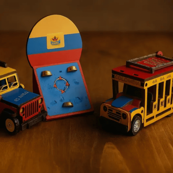 Mini Colombian chiva bus and Willys jeep – artisan wooden décor.