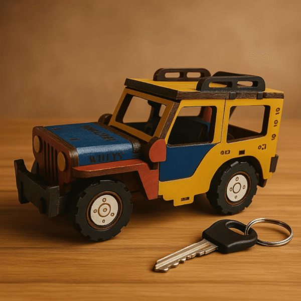 Close-up of Wooden Jeep Willys Colombian Handmade Souvenir