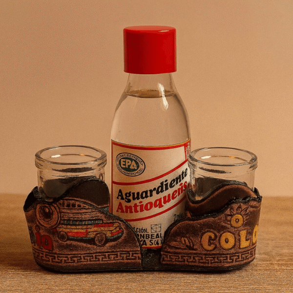 Leather engraved shot glasses with Colombian motifs