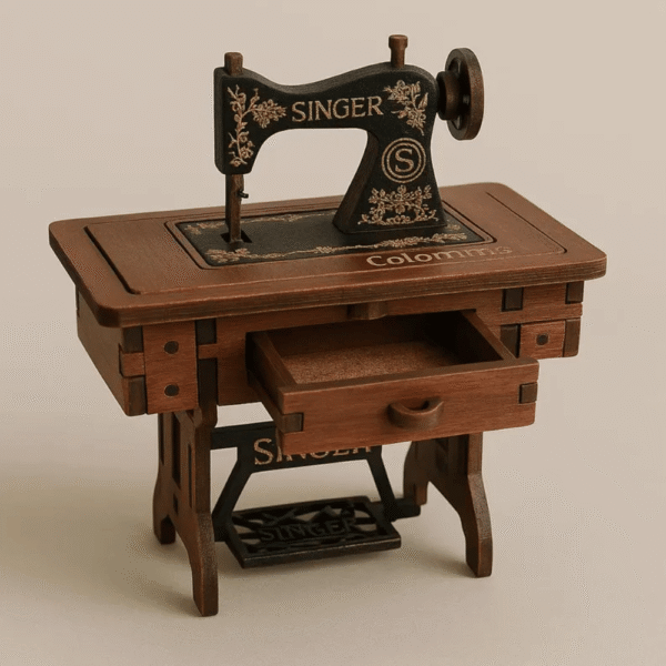 Mini Singer sewing machine in black with gold details – Colombian handmade craft.
