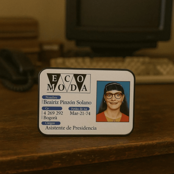 Close-up of Betty la Fea ID card fridge magnet design