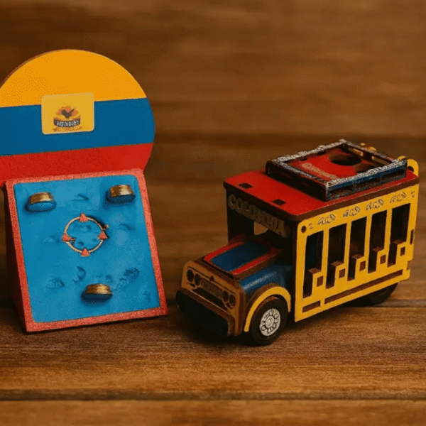 Mini Colombian chiva bus and tejo game – handmade wooden souvenir.