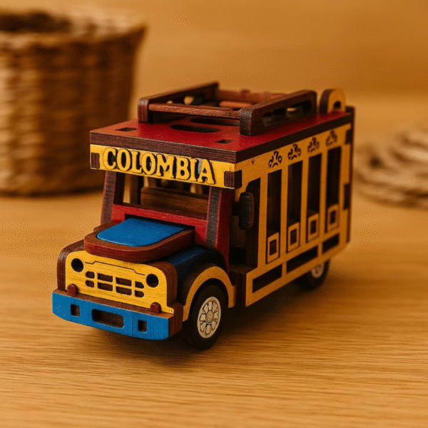 Right side view of handcrafted Colombian Chiva Rumbera miniature wooden bus folk art