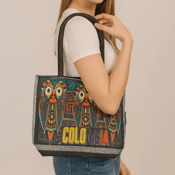 Woman carrying Colombian canvas tote bag outdoors