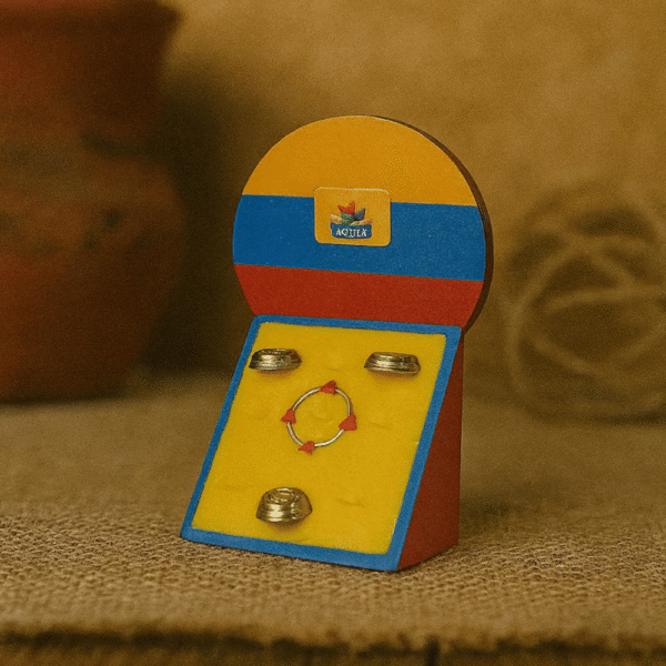 Mini Colombian tejo game – handmade MDF replica with national flag.