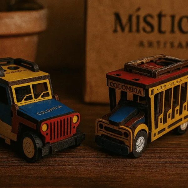 Mini Colombian chiva bus and Willys jeep – handmade wooden set.