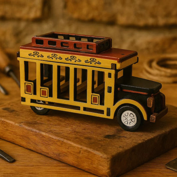 Left side view of Colombian Chiva Rumbera wooden miniature bus, handmade folk art collectible