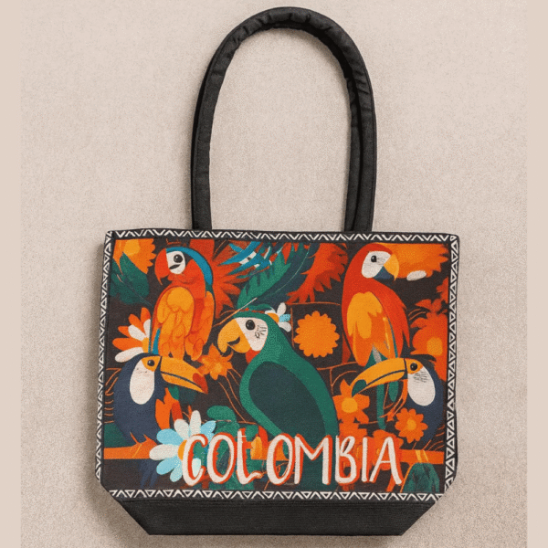Canvas tote bag with colorful toucan print from Colombia