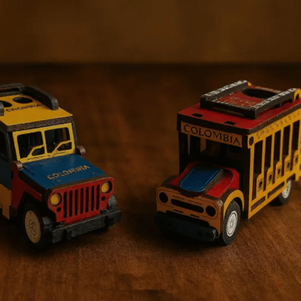 Mini Colombian chiva bus and Willys jeep – handmade wooden set.