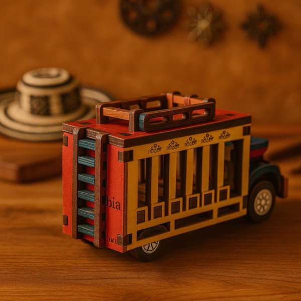 Rear view of miniature Colombian Chiva Rumbera handmade wooden folk art bus