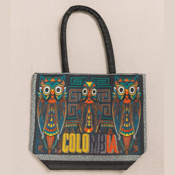 Colombian canvas tote bag with owl design and zipper