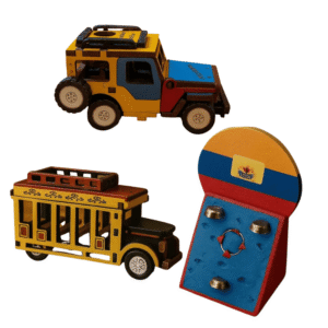 Mini Colombian chiva bus and Willys jeep – artisan wooden décor.
