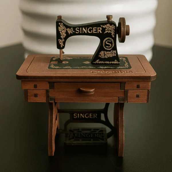 Mini Singer sewing machine in antique white – Colombian handmade craft.