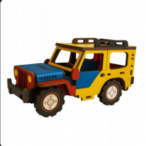 Handmade Wooden Jeep Willys Model – Colombian Folk Art Front Angle View