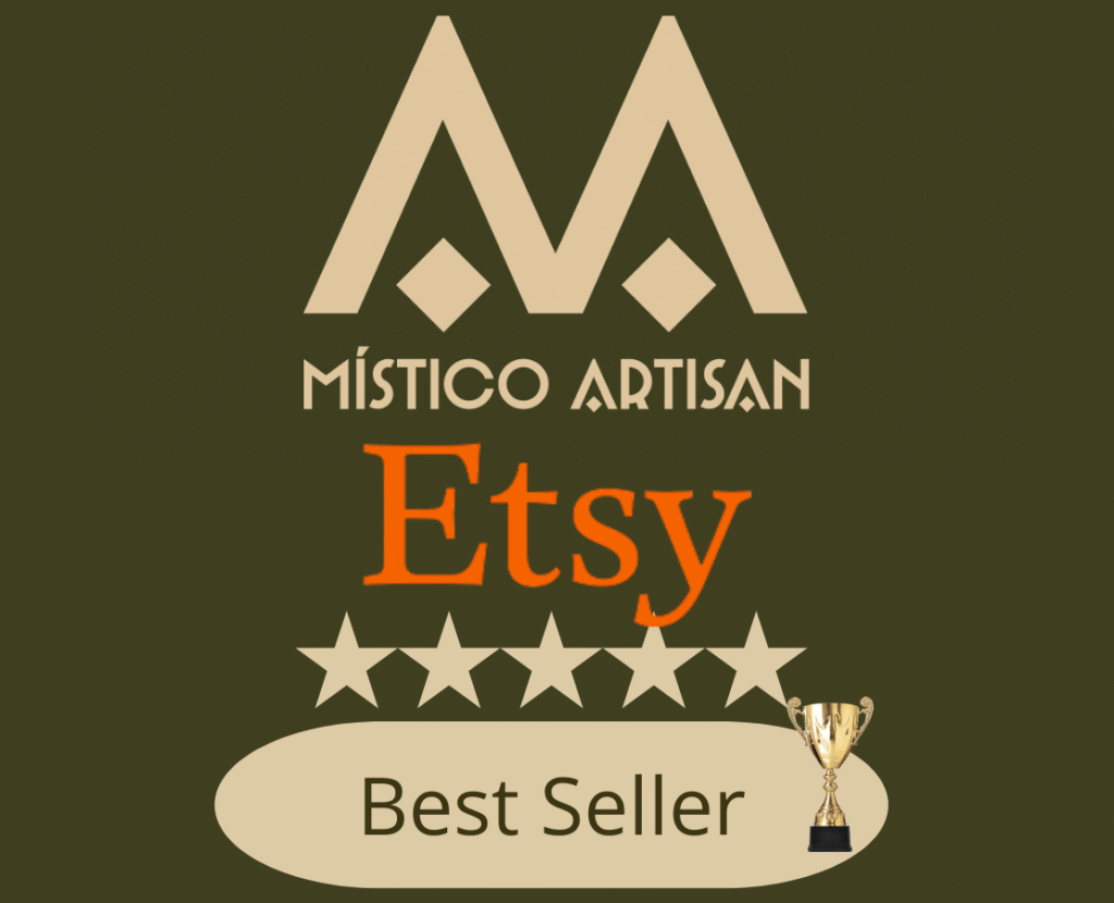 Místico Artisan Best Seller badge on Etsy with logo, six gold stars, Etsy branding, and a trophy icon for top-rated handmade crafts.