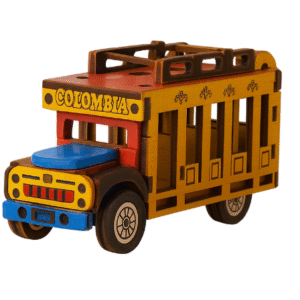 Three-quarter angle view of miniature Colombian Chiva Rumbera handmade wooden folk art bus