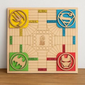 Wooden Parqués Game Board – Handmade 4-Player Ludo with Superheroes or Colombian Soccer…