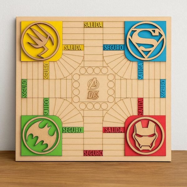 Wooden Parqués Game Board – Handmade 4-Player Ludo with Superheroes or Colombian Soccer…